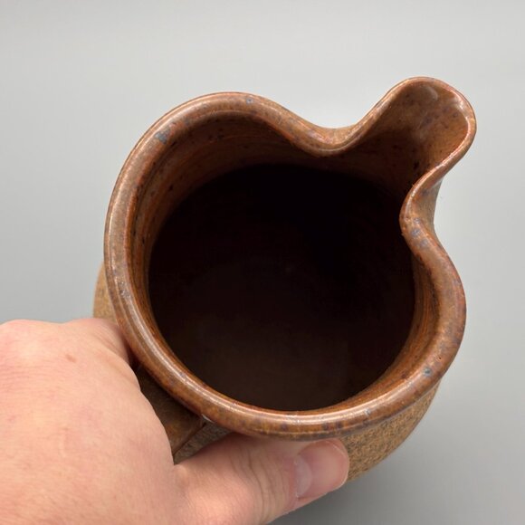 Vintage Studio Pottery Pitcher with Speckled Stoneware Texture Glazed Rim - Picture 5 of 7